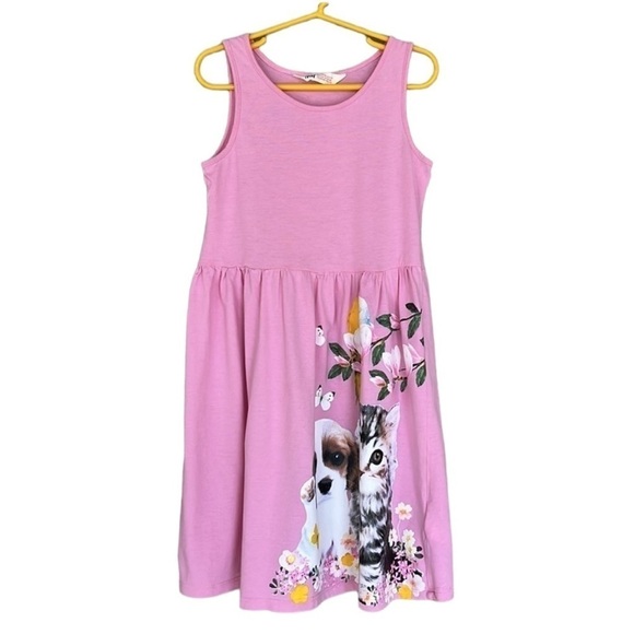H&M Other - H&M Girls Pink Sleeveless Sundress Dog Cat Bird Floral Graphic 8/10Y